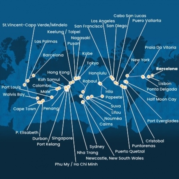 Costa Deliziosa - Spanyolország, Portugália, The Azores, Amerikai Egyesült Államok, Florida, Mexikó, Amerikai Egyesült Államok, Hawaii, Francia Polinézia, Fiji, Ausztrália, Japán, South Korea, Taiwan, South Africa